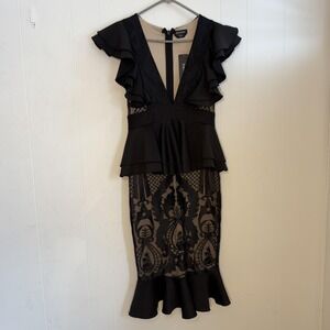 Bebe Dress Womens Small Black Lace Ruffle Peplum Pencil Midi Party Cocktail